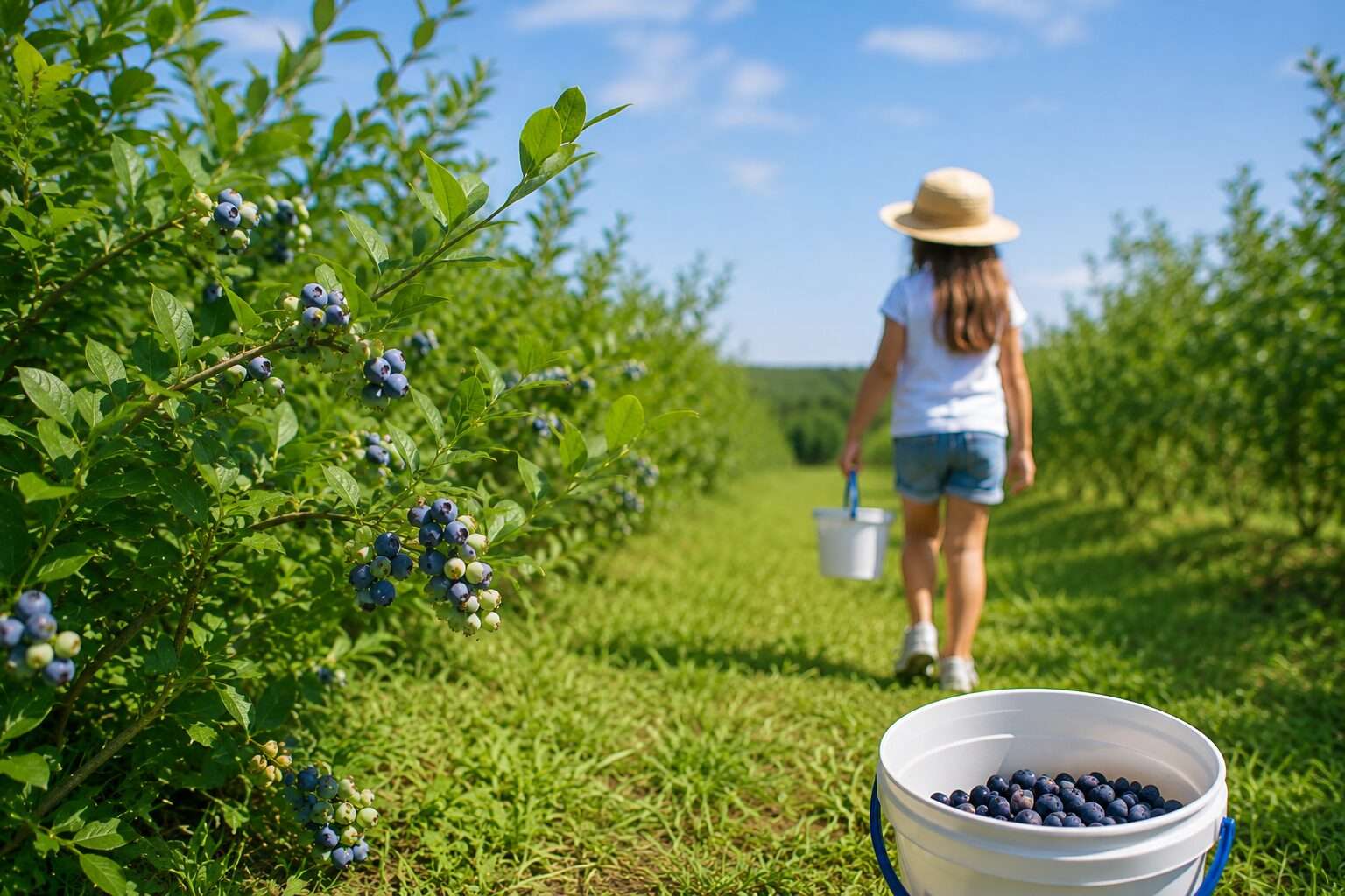 niña recogiendo arándanos en walden berries